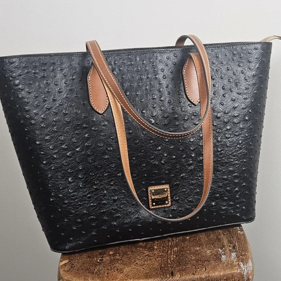 NWT Dooney & Bourke Large Ostrich Embossed Italian Leather Tote: Black & Tan